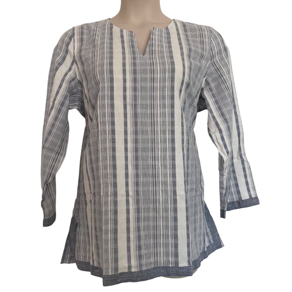 Untuckit Romagana Size 6 Striped Blouse 100% Cotton NWT Blue White 3/4 Sleeve